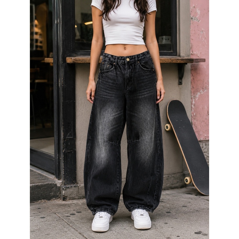 Zara TRF Size 0 Washed Black Barrel Leg Jeans Y2K Skater‎ 100% Cotton